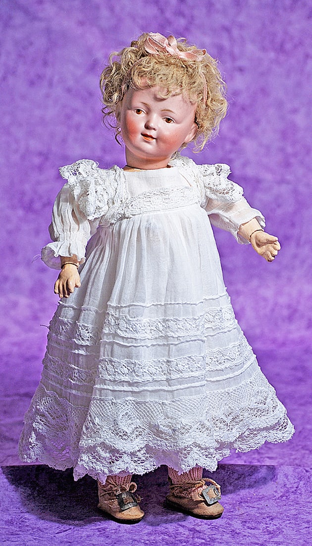 PETITE GERMAN BISQUE ART CHARACTER, 186, BY KESTNER.: PETITE GERMAN BISQUE ART CHARACTER, 186, BY KESTNER. 12 ½”. Marks: 186. Bisque socket head, painted features, shaded brown eyes, painted lashes, upper eyeliner, tapered brows, open/closed m