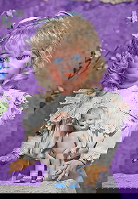 GERMAN ALL-BISQUE BONNIE BABE.: GERMAN ALL-BISQUE BONNIE BABE 5". Solid domed bisque head with flanged neck, brown painted bobbed hair, tiny brown glass sleep eyes, painted lashes, tinted brows, open mouth, two lower teeth, jointed