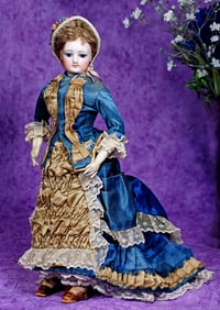 LOVELY FRENCH BISQUE POUPEE BY JUMEAU IN ORIGINAL GOWN.
