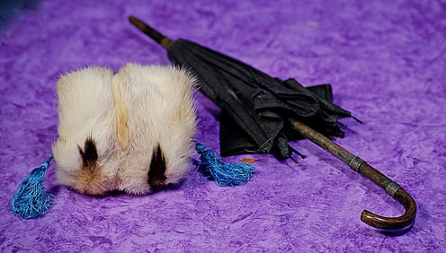 DOLL’S ERMINE MUFF AND SILK PARASOL.