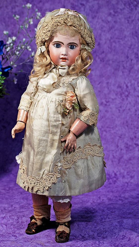 PRETTY FRENCH BISQUE BEBE 1907 BY JUMEAU.: PRETTY FRENCH BISQUE BEBE 1907 BY JUMEAU. 20”. Marks: 1907/ 8. Bisque socket head, blue paperweight eyes, painted lashes, eyeliner, feathered brows, pierced ears, open mouth, shaded and accented