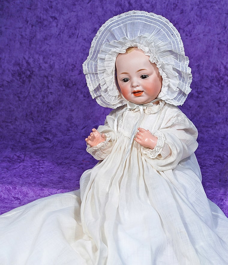 GERMAN BISQUE CHARACTER BABY BY KESTNER. 16”.: GERMAN BISQUE CHARACTER BABY BY KESTNER. 16”. Marks: JDK. Solid-dome bisque socket head, painted baby hair, brown sleep eyes, painted lashes, eyeliner, feathered brows, open/closed mouth with mo