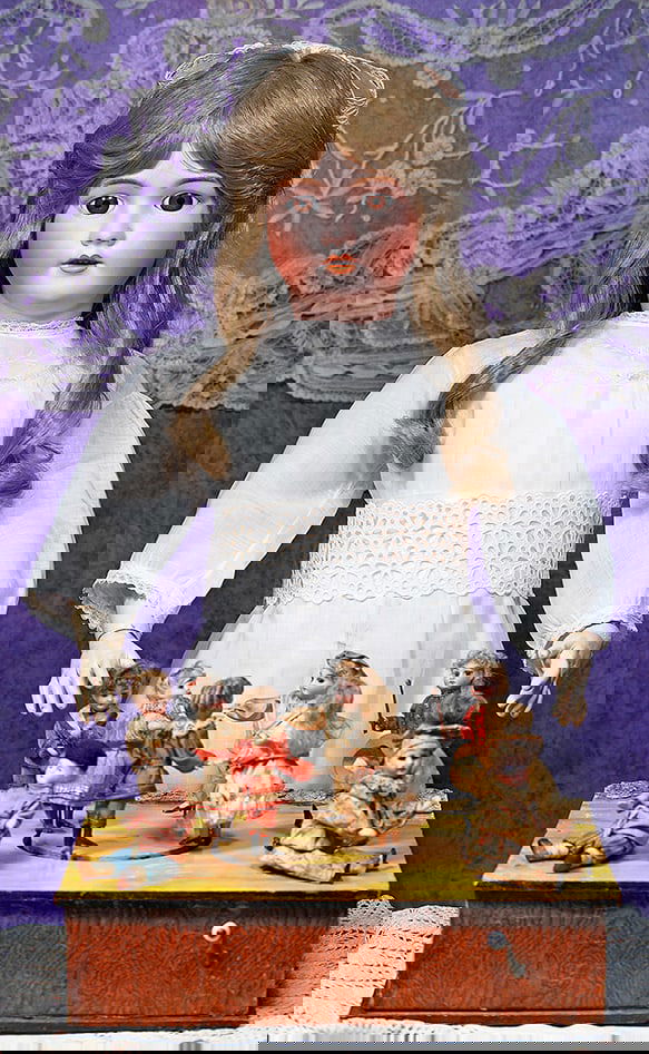 LARGE GERMAN BISQUE CHILD, MODEL 109, BY HANDWERCK.: LARGE GERMAN BISQUE CHILD, MODEL 109, BY HANDWERCK. 30”. Marks: 109 - 15 Dep Germany, Handwerck Halbig. Bisque socket head, brown sleep eyes, painted lashes, feathered brows, pierced ears, open