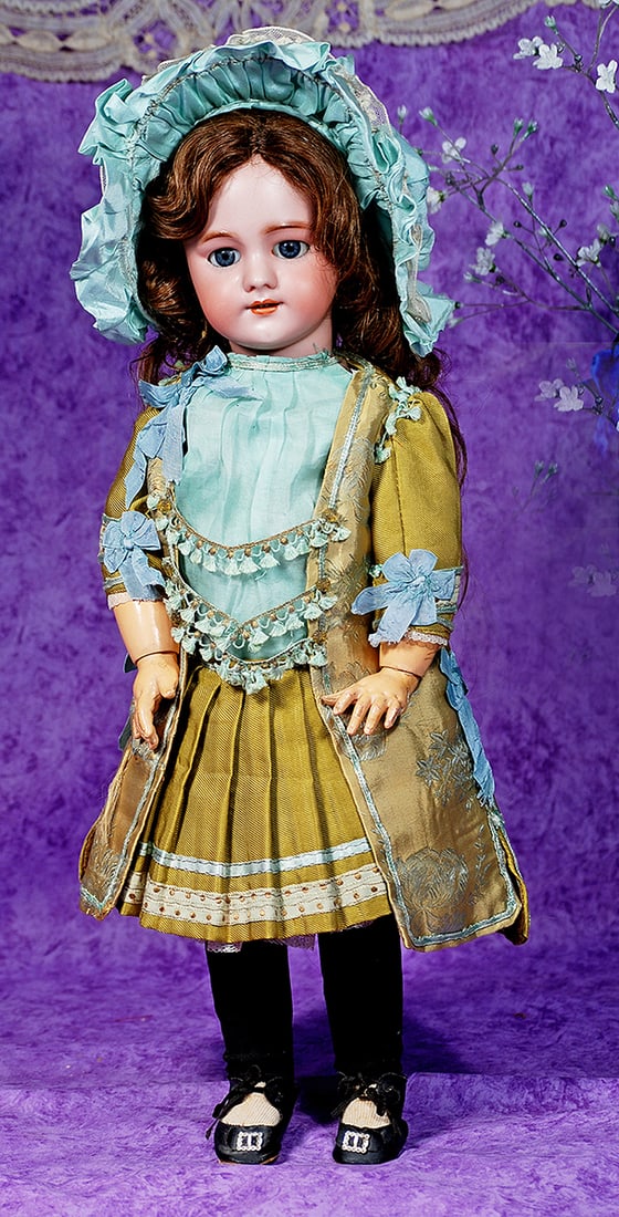 FRENCH BISQUE DEP BEBE VRAI MODELE.: FRENCH BISQUE DEP BEBE VRAI MODELE. 20”. Marks: Dep 9 (head); Bebe Vrai Modele (body). Bisque socket head, blue sleep eyes, painted lower lashes, eyeliner, feathered brows, pierced ears, open mo