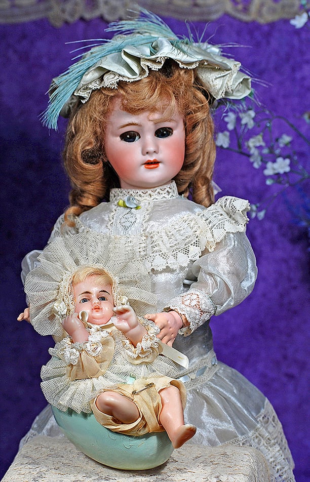 FRENCH BISQUE DEP BEBE BY JUMEAU.: FRENCH BISQUE DEP BEBE BY JUMEAU. 19”. Marks: DEP 7 (incised); Tete Jumeau (red stamp). Bisque socket head, blue sleep eyes, painted lashes and applied upper lashes, feathered brows, pierced ear
