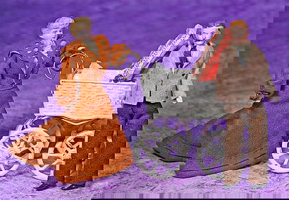 TWO GERMAN BISQUE DOLLHOUSE DOLLS AND GERMAN TIN DOLL CARRIAGE.