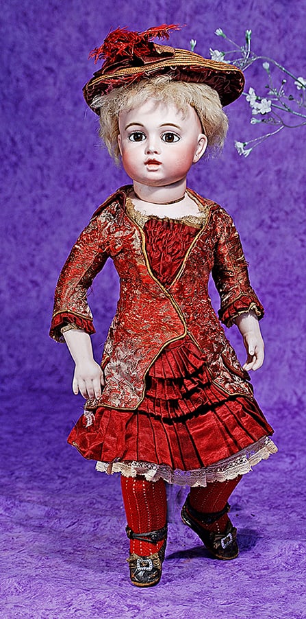 GORGEOUS FRENCH BISQUE BEBE BY LEON CASIMIR BRU IN FACTORY ORIGINAL COSTUME AND BRU SHOES.: GORGEOUS FRENCH BISQUE BEBE BY LEON CASIMIR BRU IN FACTORY ORIGINAL COSTUME AND BRU SHOES. 17”. Marks: crescent and circle/dot impression on back of head) Bte SGDG (forehead crown rim); 5 on sho