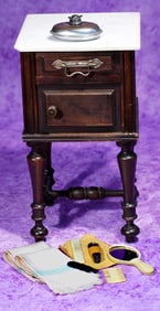 DOLL’S MARBLE TOP VANITY CABINET WITH ACCESSORIES.