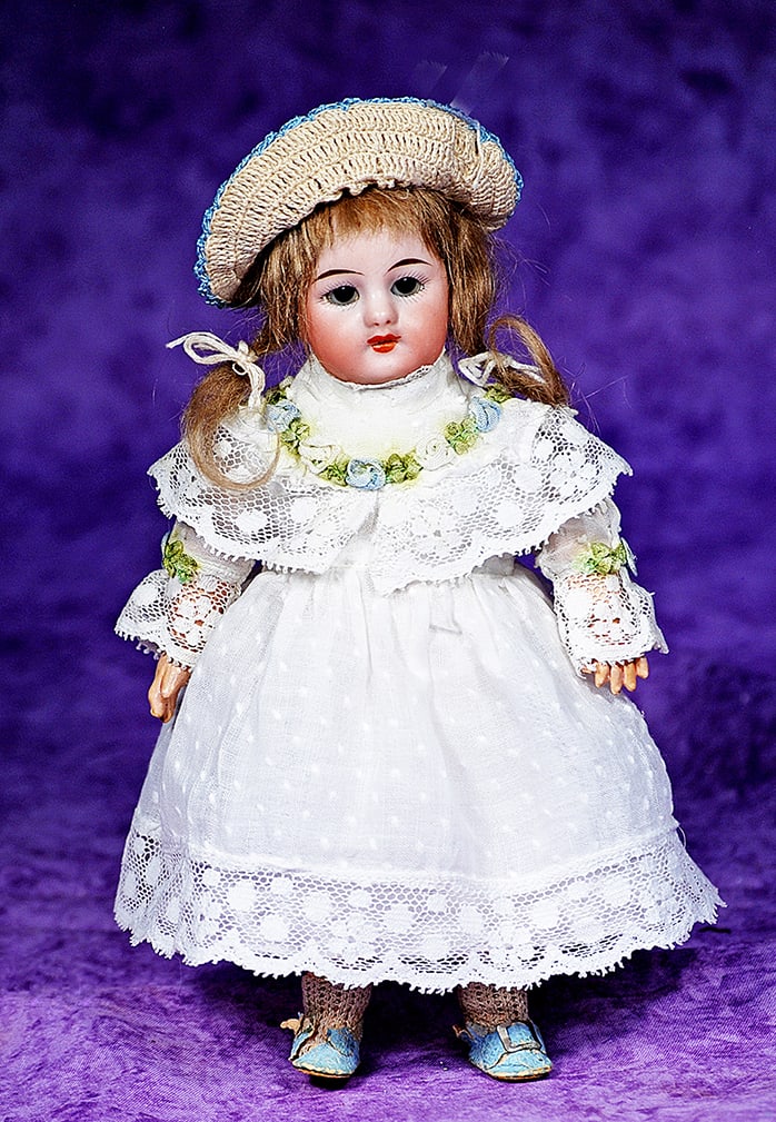 PETITE GERMAN BISQUE DOLL BY SIMON AND HALBIG.: PETITE GERMAN BISQUE DOLL BY SIMON AND HALBIG. 8”. Marks: 1078 S & H Halbig. Bisque socket head, brown sleep eyes, painted lashes, tapered brows, open mouth, shaded lips, upper teeth, light brow