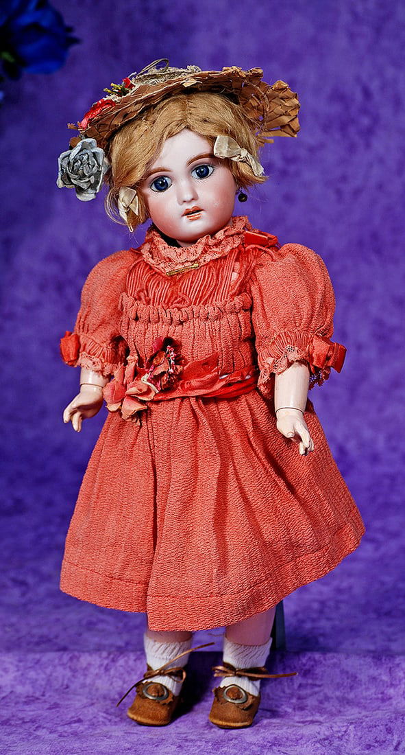 FRENCH BISQUE BEBE, MODEL 1907, BY JUMEAU.: FRENCH BISQUE BEBE, MODEL 1907, BY JUMEAU. 13”. Marks: 1907/ 4. Bisque socket head, blue paperweight eyes, painted lashes, eyeliner, feathered brows, pierced ears, open mouth, shaded and accente