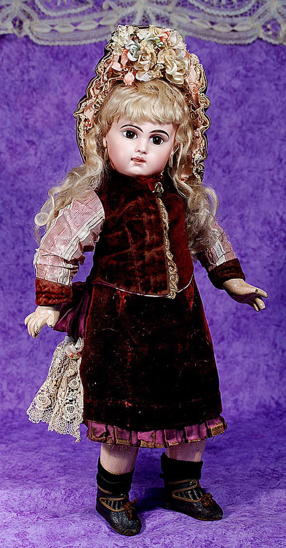 EXCEPTIONALLY BEAUTIFUL, SIZE 9,: EXCEPTIONALLY BEAUTIFUL, SIZE 9, E. J. BEBE BY JUMEAU. 20”. Marks: Depose E. 9 J. Bisque socket head, brown paperweight eyes, painted lashes, dark eyeliner, mauve-blushed eye shadow, feathered a