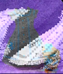 FINE ANTIQUE COTTON PIQUE DOLL GOWN AND LACE BONNET.