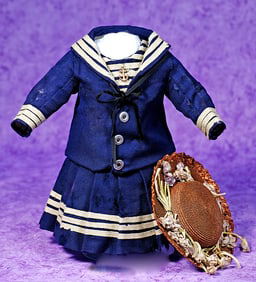 ANTIQUE MARINER-STYLE DRESS AND STRAW BONNET.