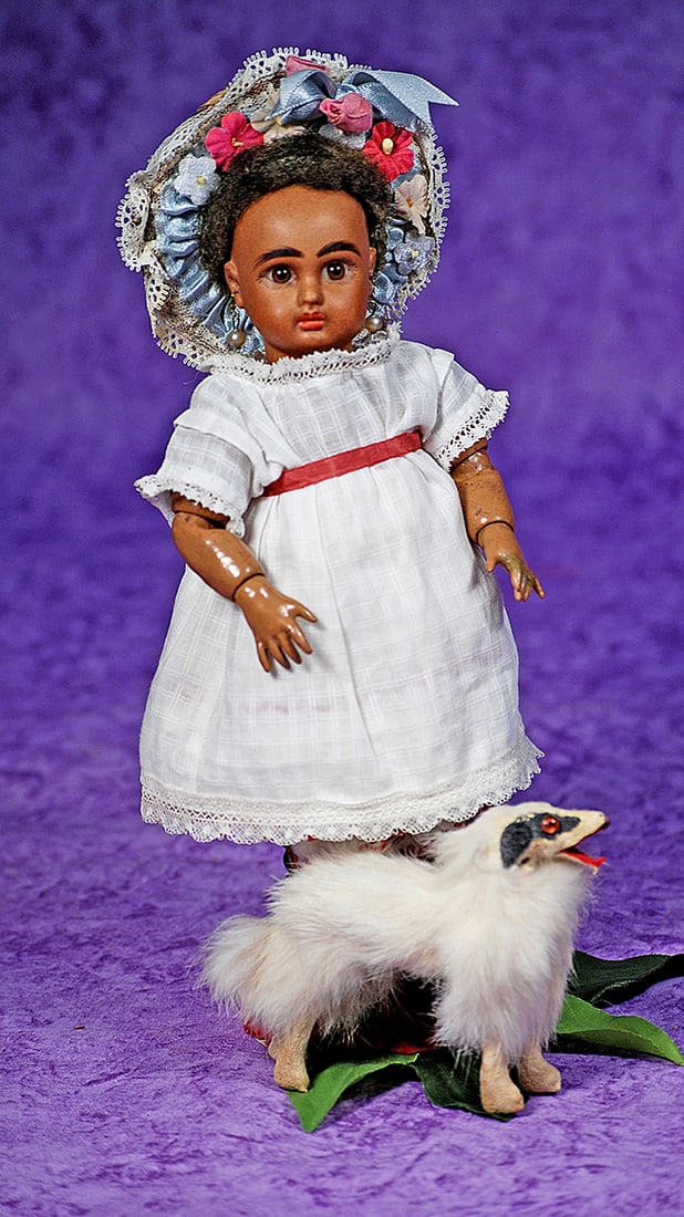 FRENCH BISQUE BORZOI DOG.: FRENCH BISQUE BORZOI DOG. 3”. Firm bodied dog with shaved face and legs, bead eyes, plush white fir, black felt ears, open mouth.