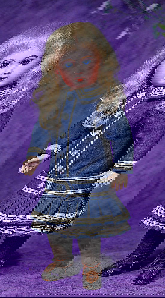 BEAUTIFUL JUMEAU FRENCH BISQUE BEBE IN EARLY COSTUME.: BEAUTIFUL JUMEAU FRENCH BISQUE BEBE IN EARLY COSTUME. 15”. Marks: Depose E. 6 J. and red artist marks. Bisque socket head, spiral-threaded blue paperweight eyes, dark eyeliner, painted lashes, m