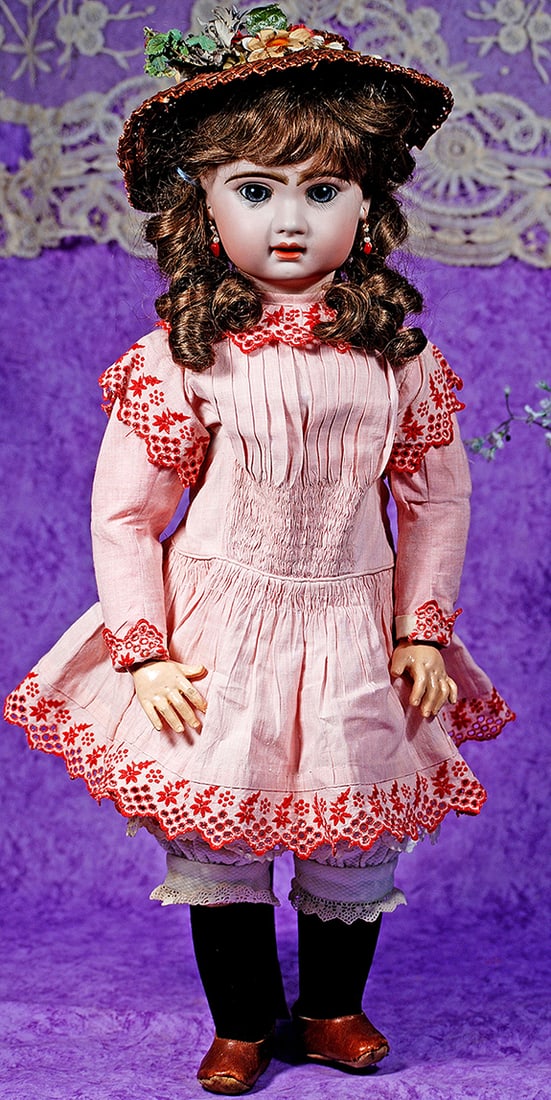 FRENCH BISQUE BEBE BY JUMEAU.: FRENCH BISQUE BEBE BY JUMEAU. 24”. Marks: Tete Jumeau. Bisque socket head, blue paperweight eyes, painted lashes, eyeliner, feathered and brushstroked brows, open mouth, shaded and accented lips