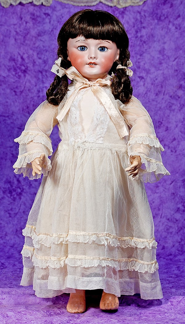 FRENCH BISQUE BEBE BY S.F.B.J.: A. FRENCH BISQUE BEBE BY S.F.B.J. 20”. Marks: SFBJ 301. Bisque socket head, blue sleep eyes, painted lower lashes, applied upper lashes, feathered brows, open mouth, shaded and accented lips, up