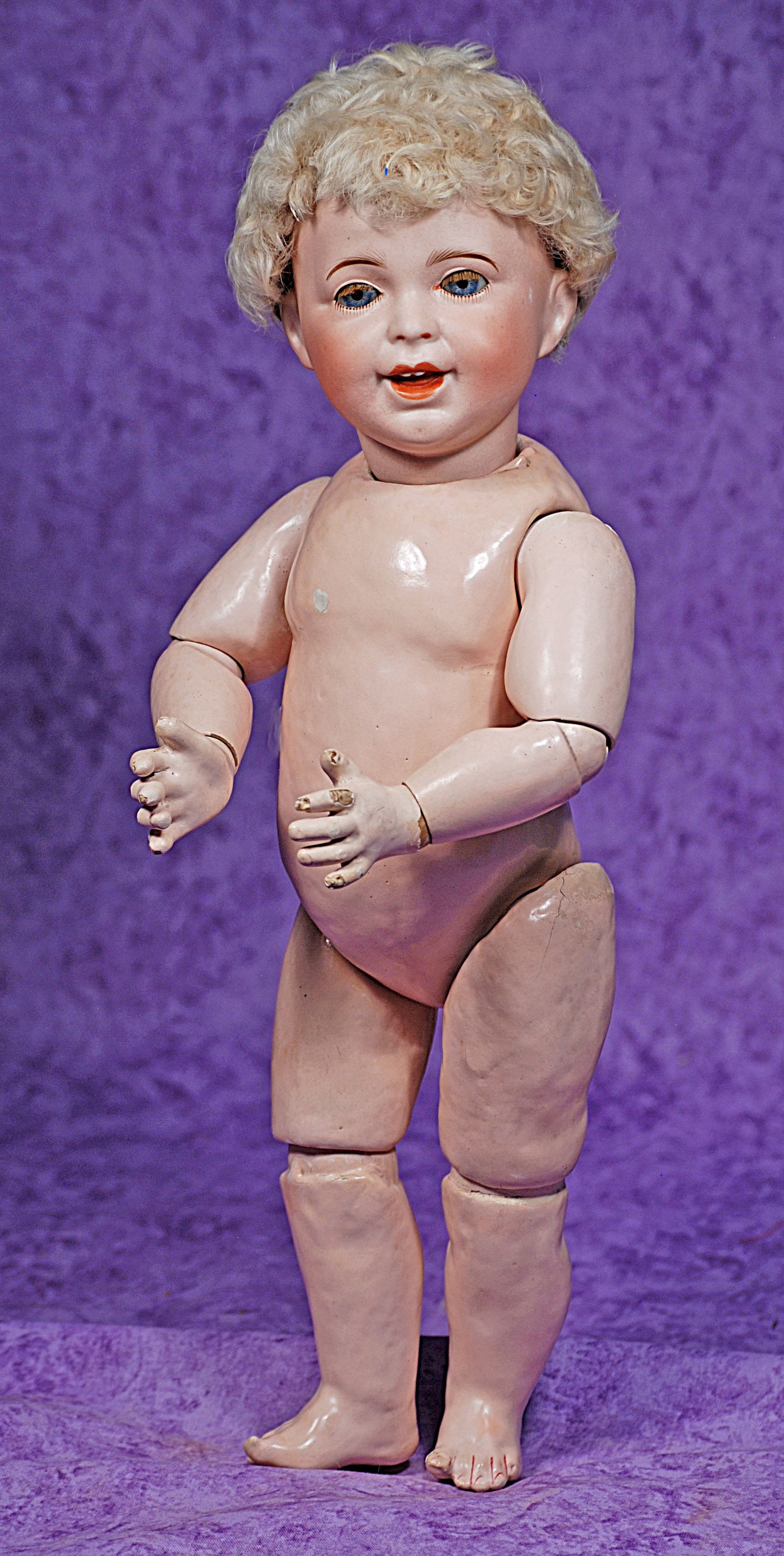 FRENCH BISQUE CHARACTER, 236, WITH TODDLER BODY BY S.F.B.J.: FRENCH BISQUE CHARACTER, 236, WITH TODDLER BODY BY S.F.B.J. 15”. Marks: SFBJ 236 Paris 6. Bisque socket head, blue sleep eyes, painted lower lashes, applied upper lashes, feathered brows, open/c