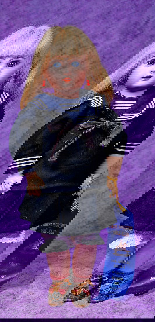 FRENCH BISQUE BEBE BY JUMEAU. 16”.: FRENCH BISQUE BEBE BY JUMEAU. 16”. Marks: Depose Tete Jumeau 7. Bisque socket head, blue paperweight eyes, painted lashes, eyeliner, feathered brows, pierced ears, closed mouth, shaded and accen