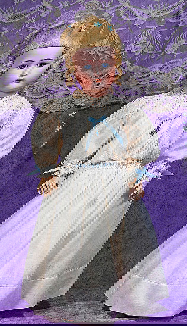 LOVELY LARGE GERMAN BISQUE DOLL BY KAMMER AND REINHARDT.: LOVELY LARGE GERMAN BISQUE DOLL BY KAMMER AND REINHARDT. 32”. Marks: K * R Simon & Halbig 76. Bisque socket head, stationary blue glass eyes, painted lashes, eyeliner, feathered brows, pierced e