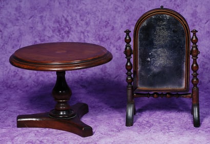 FRENCH MAHOGANY PSYCHE MIRROR AND WOODEN TABLE.