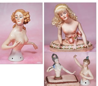 FOUR GERMAN PORCELAIN HALF DOLLS. 7 ½”. Marks: Goebel trademark symbol. Waist-up nude