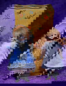 TWO MINIATURE ALL-BISQUE MIGNONETTES BY ARTIST.: TWO MINIATURE ALL-BISQUE MIGNONETTES BY ARTIST. 5 Β½:β. Each is bisque swivel head on five-piece jointed bisque body, inset glass eyes, painted lashes, feathered brows, closed mouth, painted