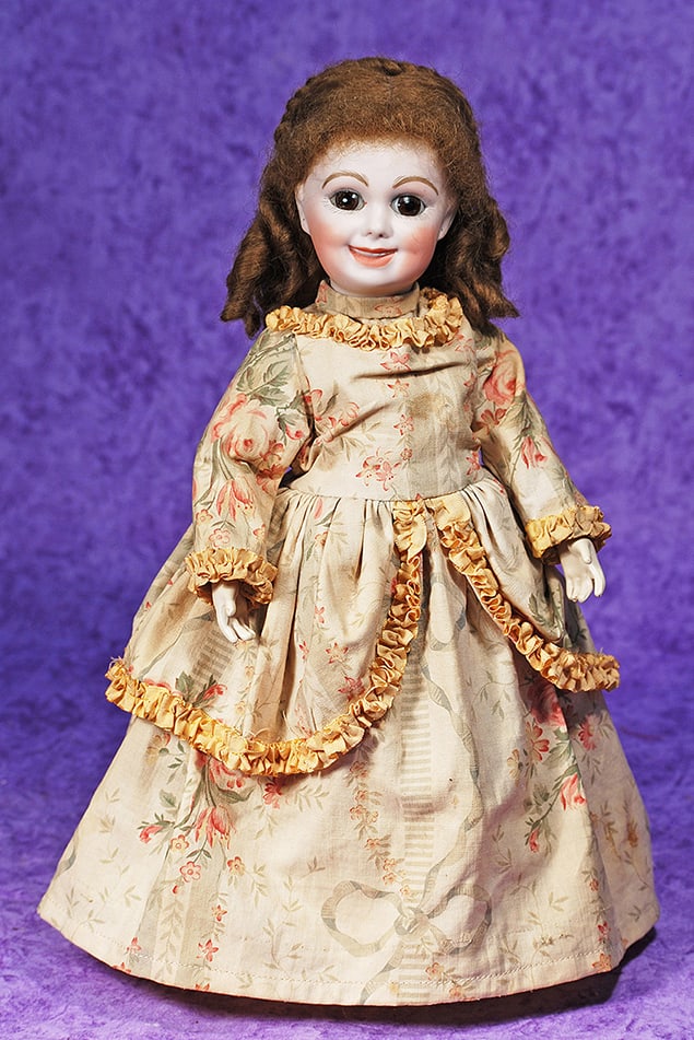 BISQUE ARTIST REPRODUCTION OF JUMEAU CHARACTER 203.: BISQUE ARTIST REPRODUCTION OF JUMEAU CHARACTER 203. 15”. Marks: 203. Bisque socket head, large stationary brown glass eyes, painted lashes, feathered brows, open/closed mouth, sculpted teeth bet