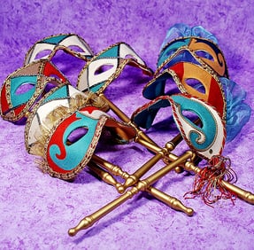 EIGHT ASSORTED CARNIVALE MASKS BY R. JOHN WRIGHT. Each is 12" molded felt with assorted braid and