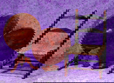 TWO ANTIQUE DOLL TABLES AND EARLY CHAIR.