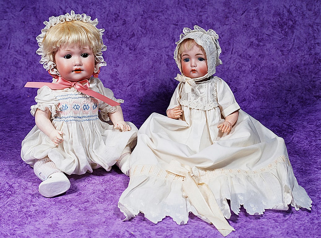 TWO GERMAN BISQUE CHARACTER BABIES. 10” Simon and Halbig baby marked 1299, socket: TWO GERMAN BISQUE CHARACTER BABIES. 10” Simon and Halbig baby marked 1299, socket head, stationary blue glass eyes, open mouth, two upper teeth, original blonde mohair wig, composition baby body