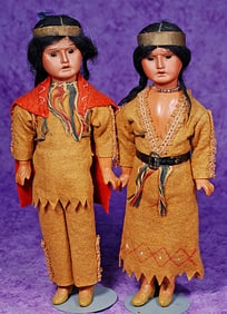 TWO GERMAN BISQUE NATIVE AMERICAN DOLLS.