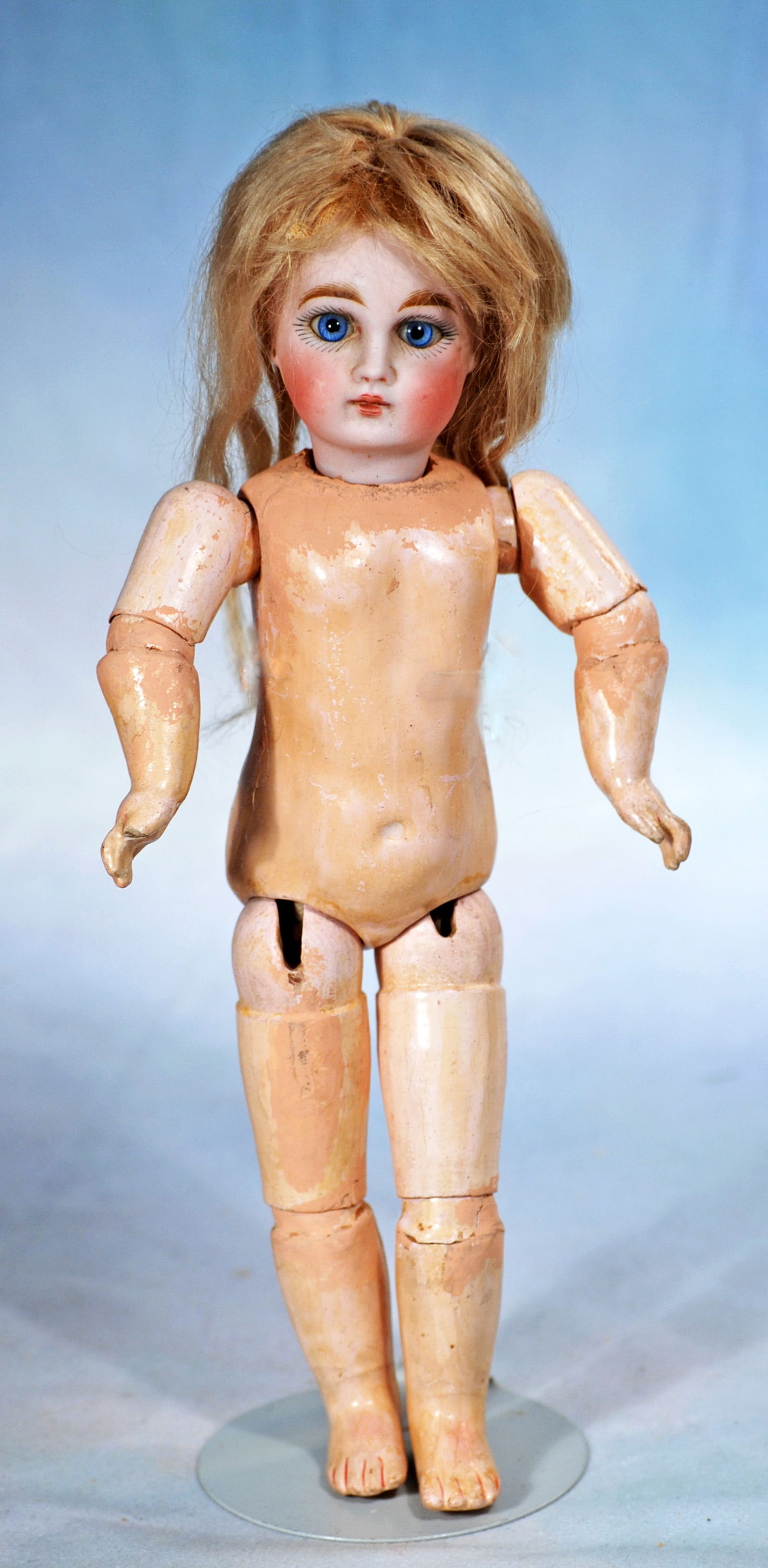 PETITE SONNEBERG BISQUE BELTON-TYPE DOLL: 8 PETITE SONNEBERG BISQUE BELTON-TYPE DOLL. 10”. Marks: 1. Bisque solid-dome socket head with flat-cut crown and two stringing holes, station ary blue paperweight eyes, painted lashes, feathred