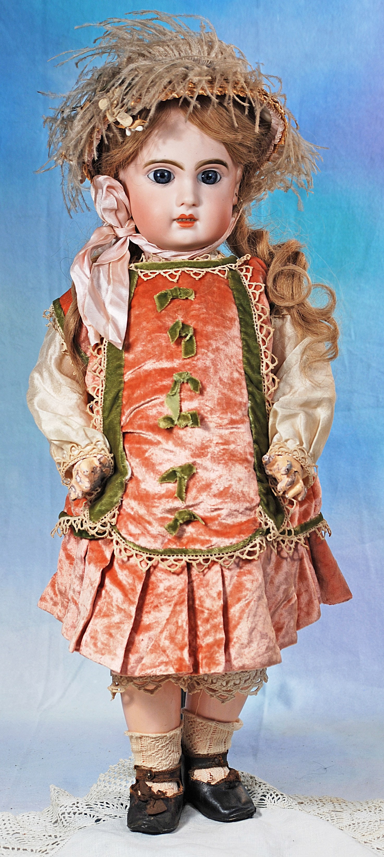 FRENCH BISQUE BEBE BY JUMEAU.: 31. FRENCH BISQUE BEBE BY JUMEAU. 20”. Marks: 9. Bisque socket head, blue paperweight eyes, painted lashes, eyeliner, feathered brows, pierced ears, open mouth, accented lips, upper teeth, antiq