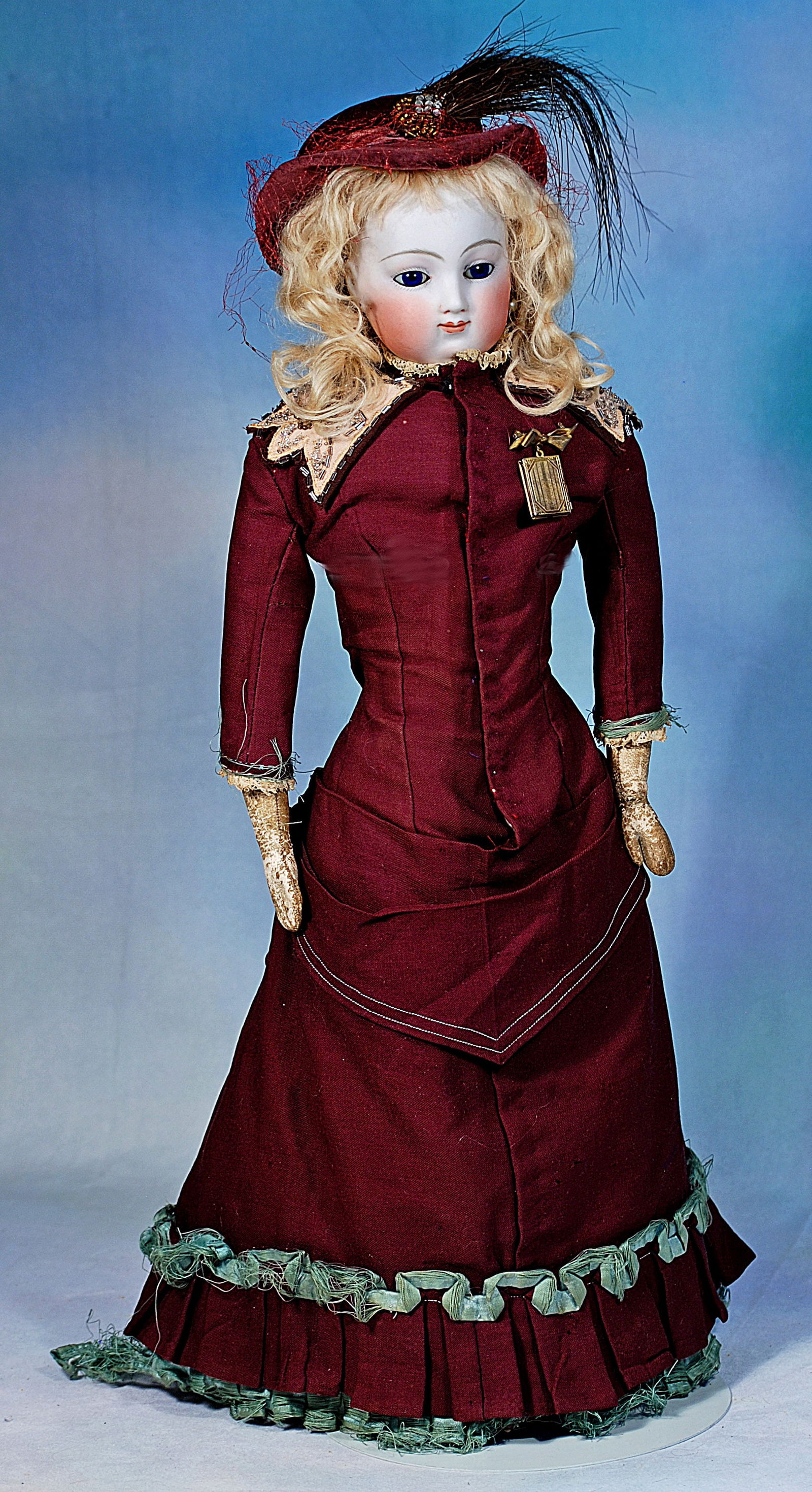 GERMAN BISQUE FASHION LADY BY BARROIS: 35. GERMAN BISQUE FASHION LADY BY BARROIS. 22”. Marks: 7 Depose (front shoulderplate). Bisque shoulderhead, almond-shaped cobalt blue glass eyes, painted lashes, eyeliner, feathered brows, close