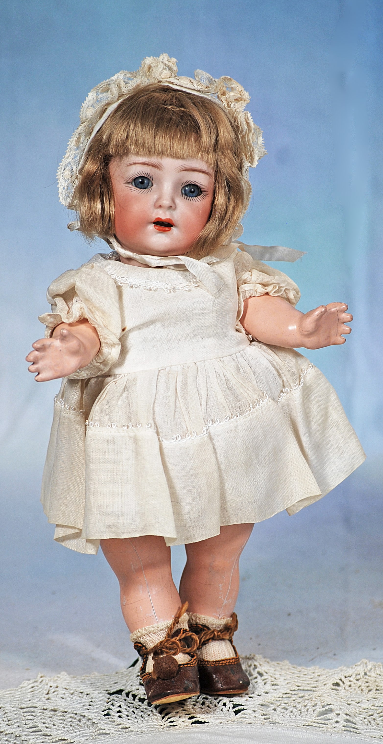 PETITE GERMAN BISQUE TODDLER, 126, BY KAMMER AND REINHARDT.: 37. PETITE GERMAN BISQUE TODDLER, 126, BY KAMMER AND REINHARDT. 10”. Marks: K * R 126. Bisque socket head, blue sleep eyes, painted lashes and applied upper lashes, feathered brows, open mouth,