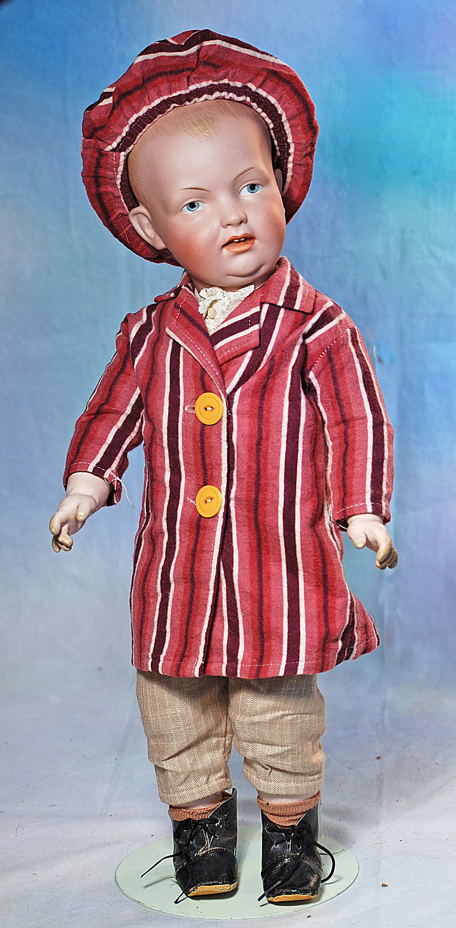 RARE GRMAN BISQUE CHARACTER, 110, BY ADOLPH WIZLIZENUS.: 52. RARE GRMAN BISQUE CHARACTER, 110, BY ADOLPH WIZLIZENUS. 19”. Marks: 110 – 7 Germany. Solid dome bisque socket head, painted hair, painted features, blue eyes, with upper eyeliner, tapered