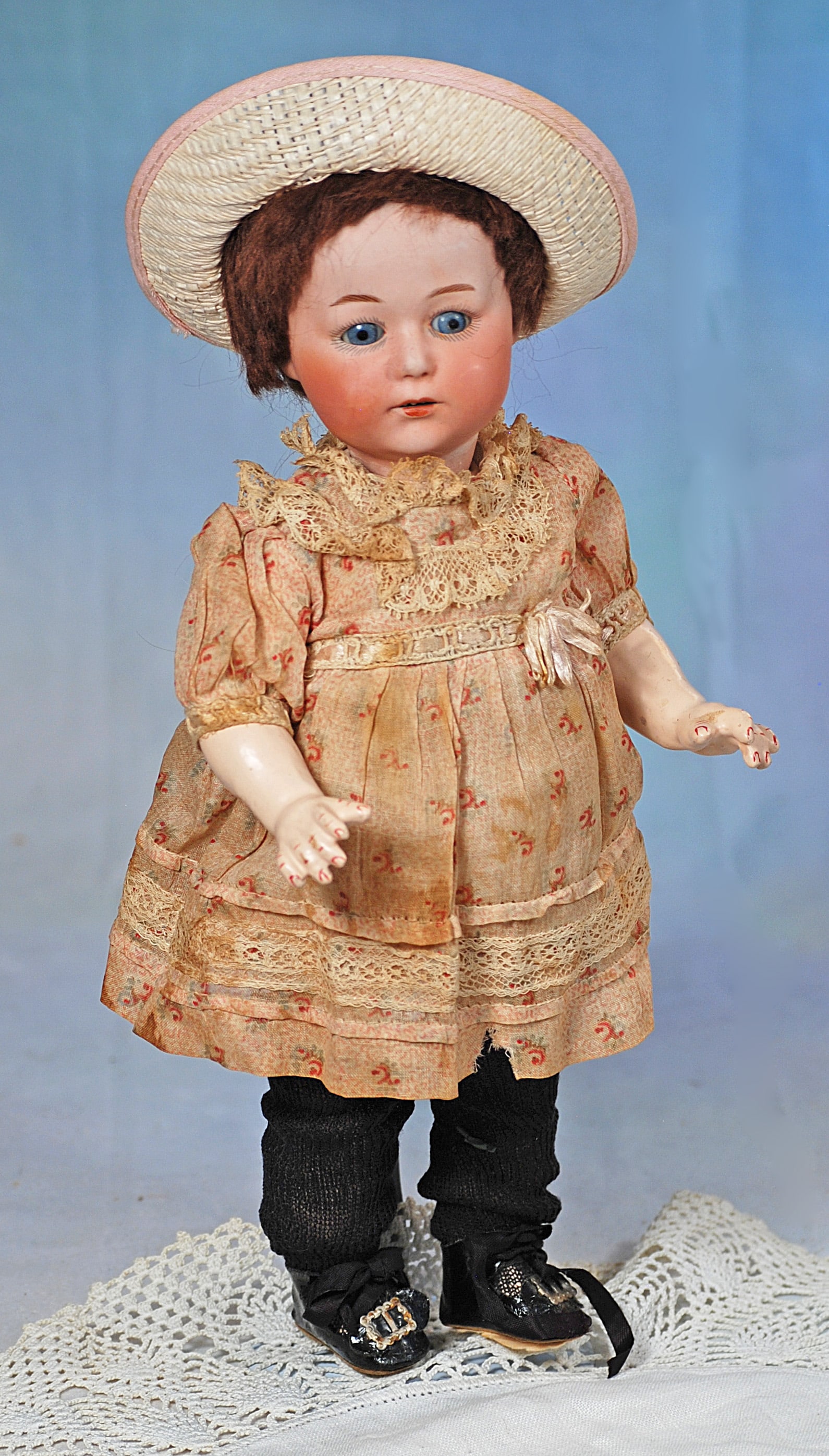 51. GERMAN BISQUE TODDLER BY GEBRUDER HEUBACH.: 51. GERMAN BISQUE TODDLER BY GEBRUDER HEUBACH. 12 ½”. Marks: 106532 Heubach in square/Germany. Bisque socket head, blue sleep eyes, painted lashes, feathered brows, open mouth, accented l