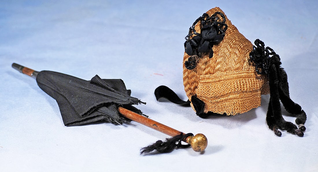 STRAW BONNET AND SILK PARASOL:  Intricately woven straw bonnet with black lace inside brim, black sequin and velvet accents and black velvet ties, original paper label inside, for about 7”-8” head circumference.