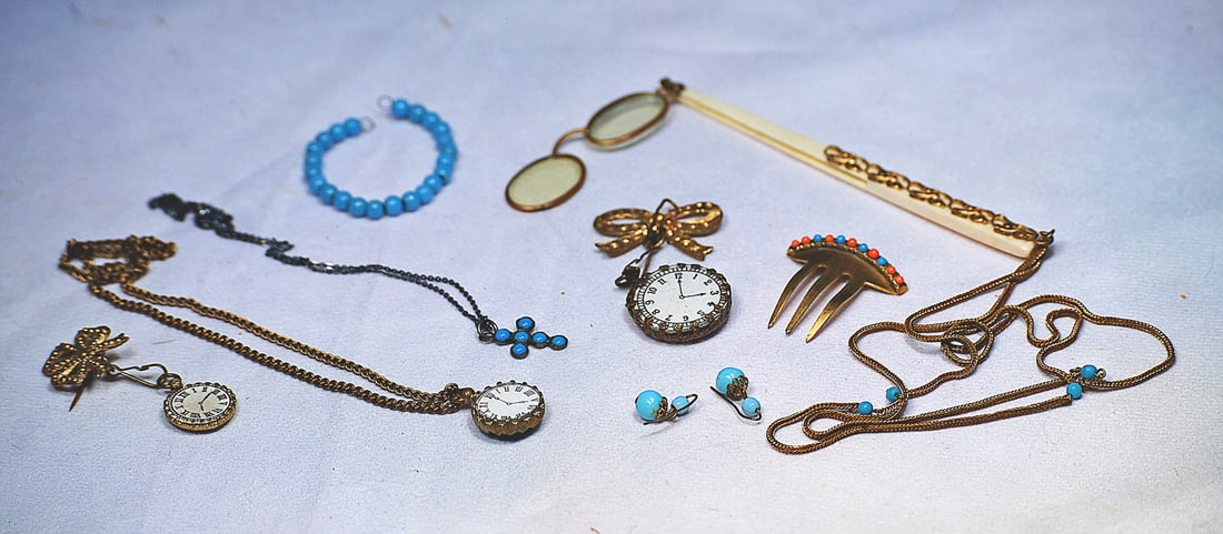 COLLECTION OF ANTIQUE DOLL ACCESSORY ITEMS: Suitable for poupees or bebes, comprising 2” W. lorgnette with gilt-decorated celluloid handle, gilt chain with turquoise beads, gilt-rimmed glasses; three watches encased in enamel decorated