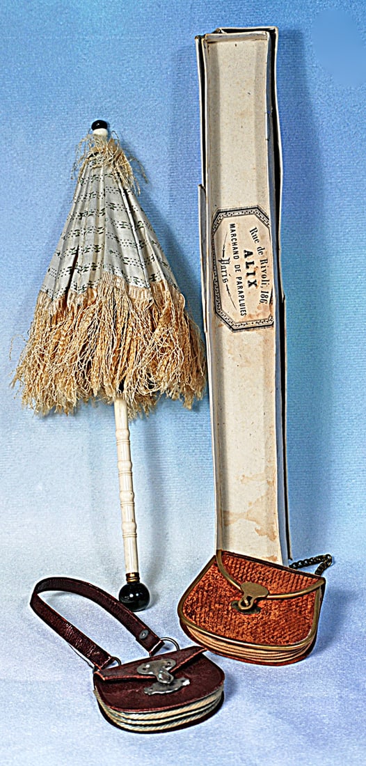 FRENCH SILK PARASOL IN ORIGINAL BOX AND TWO PURSES:  8 ½” patterned silk parasol with thick fringe trim, bone handle and tip, metal fittings, in original box labeled “Rue de Rivoli 186 - ALIX Marchand De Parapluies Paris”;