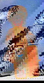 PRECIOUS LITTLE PREMIERE BEBE BY EMILE JUMEAU: 12”, Marks: None. Bisque socket head, brown paperweight eyes, painted lashes, eyeliner, feathered brows, pierced ears, closed mouth with thin modeled white space between shaded lips,