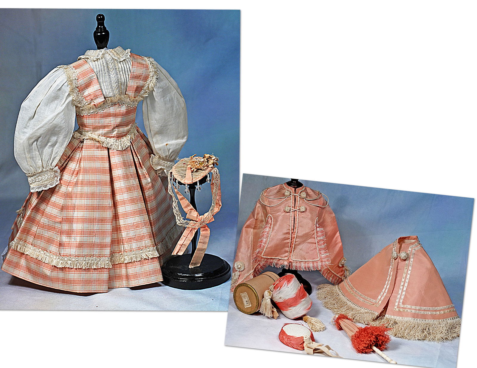 FINE, STYLISH ENSEMBLE FOR POUPEE IN PINK AND WHITE SILK: Features a pink and white striped silk taffeta gown with wide waistband that forms a bodice with wide straps, box-pleated skirt, trimmed with dainty fringed white silk, back hook-eye closing; white ba