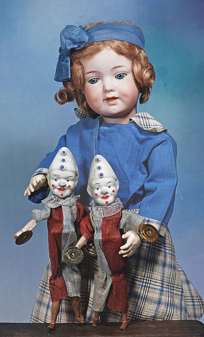 CHARMING GERMAN BISQUE CHARACTER, MODEL 590, BY ARMAND MARSEILLE: 18”. Marks: 590 A 3/0 M. made in Germany DRGM. Bisque socket head, blue sleep eyes, painted lashes, eyeliner, feathered brows, plump dimpled cheeks, open/closed mouth with sculpted