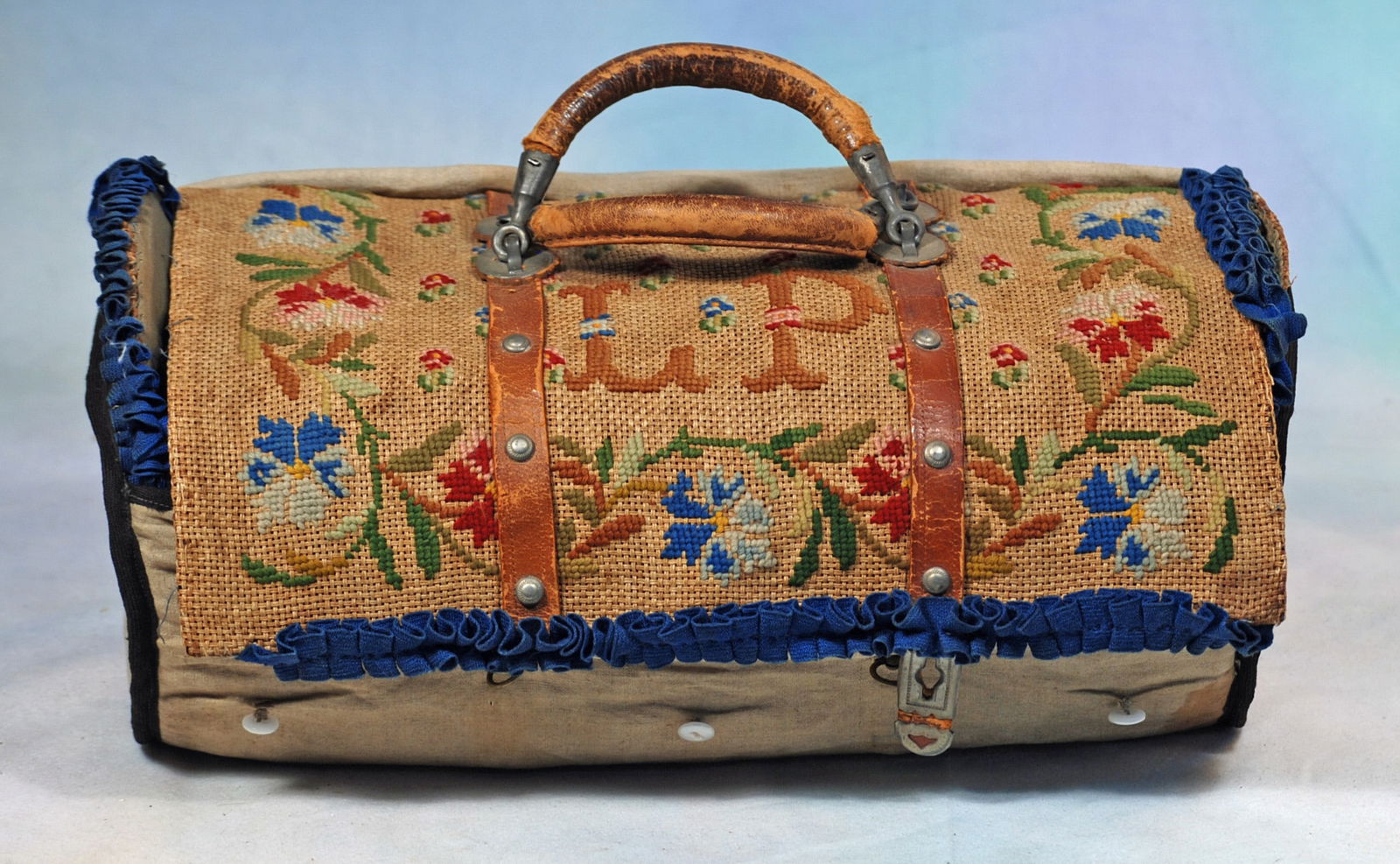 ANTIQUE FRENCH NEEDLEPOINT TRAVEL VALISE WITH INITIALED CLOTH COVER. (1 of 2)