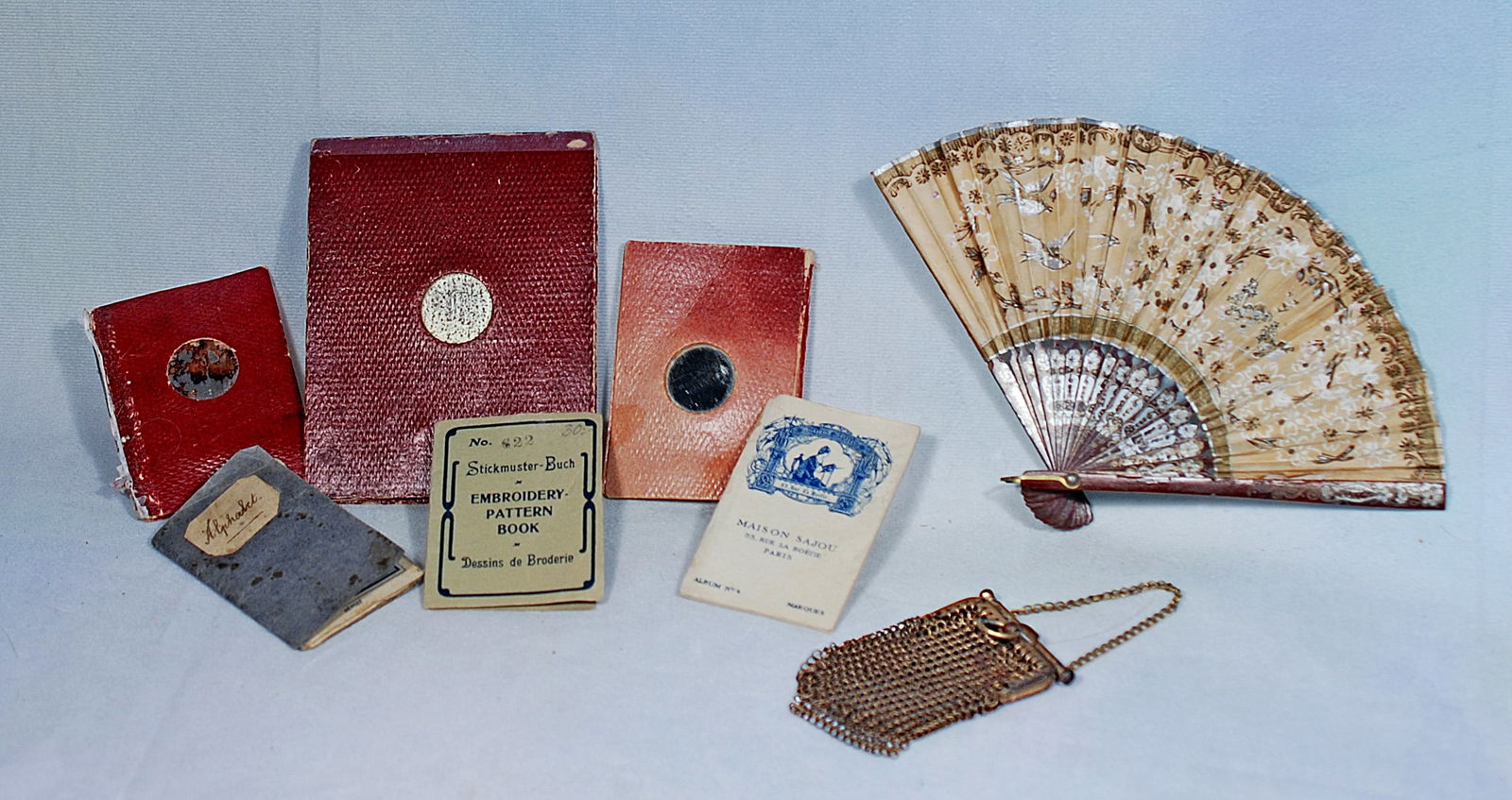 SIX FRENCH EMPROIDERY PATTERN BOOKS, PURSE AND FOLDING FAN (1 of 1)