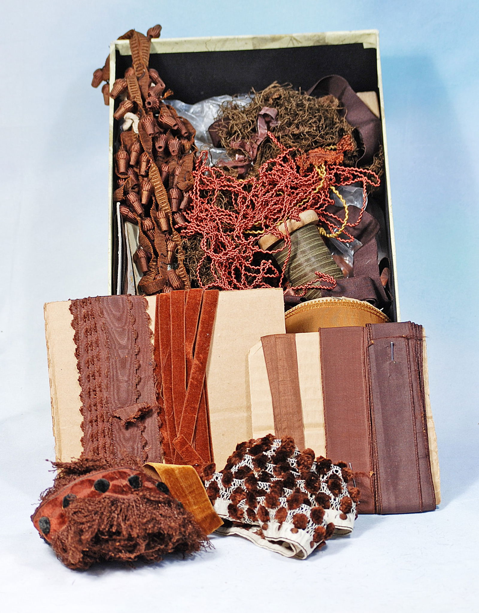 SSORTMENT OF ANTIQUE TRIMS FOR DOLL COSTUMING: 290. ASSORTMENT OF ANTIQUE TRIMS FOR DOLL COSTUMING. Box of antique fringes, bindings, ribbons, and other decorative items in various colors and styles.