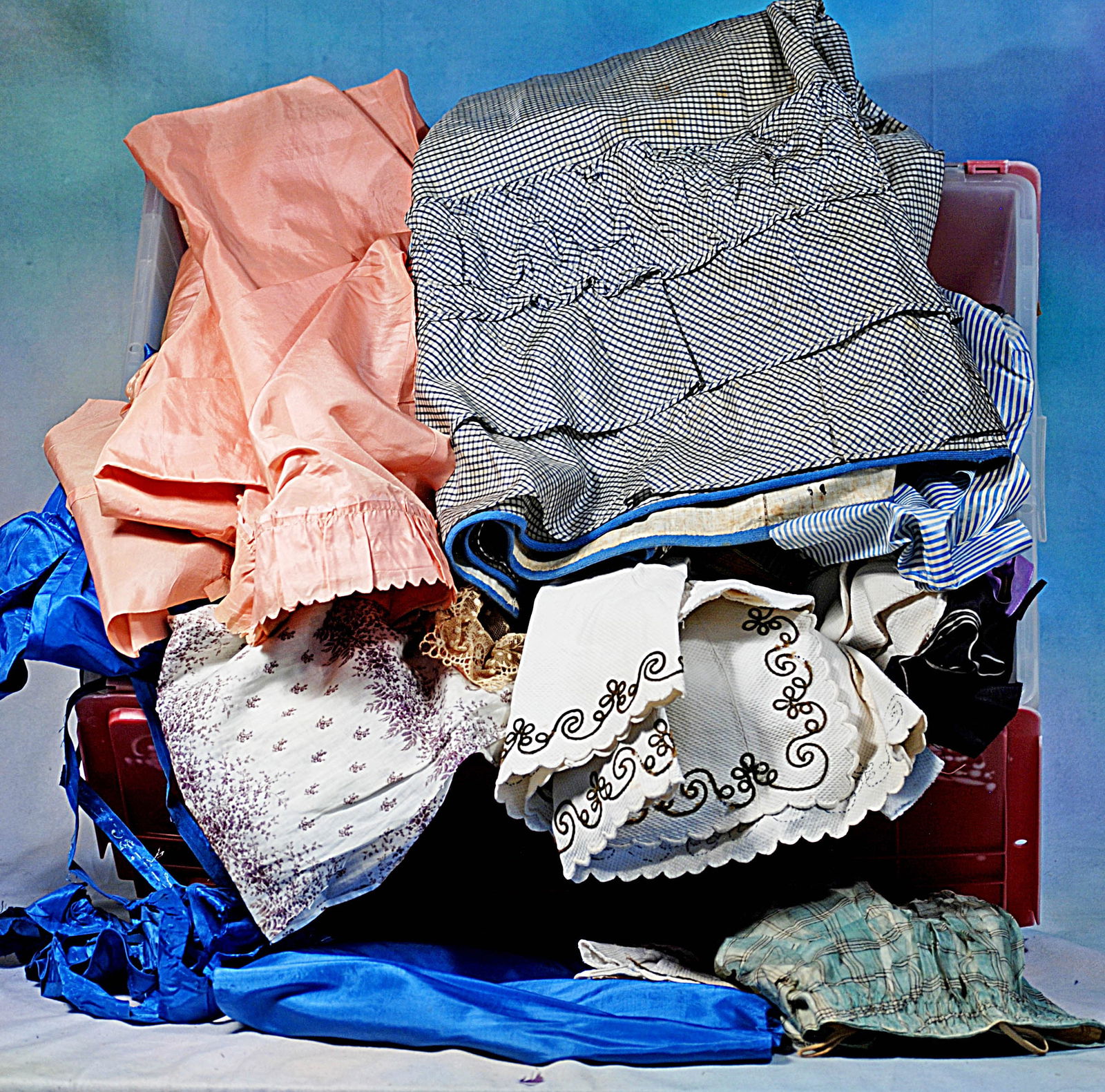 LARGE CONTAINER OF VICTORIAN ERA FABRICS (1 of 1)