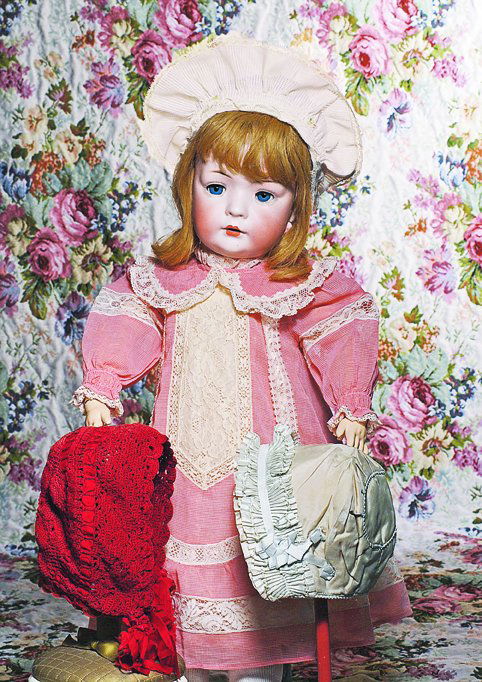 BRUNO SCHMIDT GERMAN BISQUE CHARACTER CHILD. Marks:: BRUNO SCHMIDT GERMAN BISQUE CHARACTER CHILD. Marks: BSW in heart/2097. 25”. Bisque socket head, blue sleep eyes, applied and painted eyelashes, feathered brows, open mouth, accented and shaded lips,