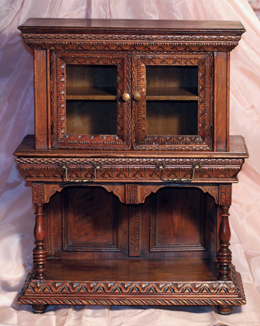 SUPERB FRENCH SIDEBOARD BUFFET MINIATURE CABINET. 19”: SUPERB FRENCH SIDEBOARD BUFFET MINIATURE CABINET. 19” H. x 15” W. x 6 ½” D. Rarely found circa 1880’s French renaissance period antique cupboard with ornately handcarved crown molding, two gl